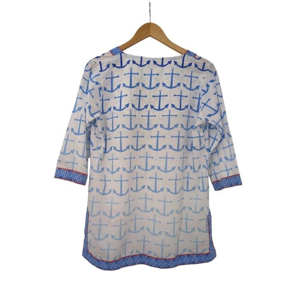EcoAccents Tunic Top Cover Up Womens Medium Nautical Anchor Print 3/4 Sleeve - Picture 2 of 9